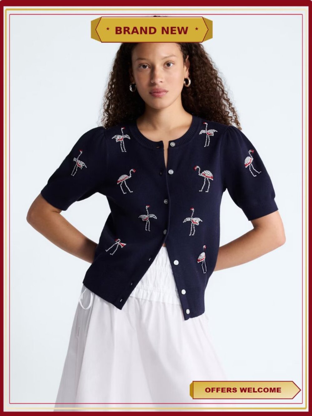 Beaded Flamingo Cardigan Sweater Short Puff Sleeves Lightweight